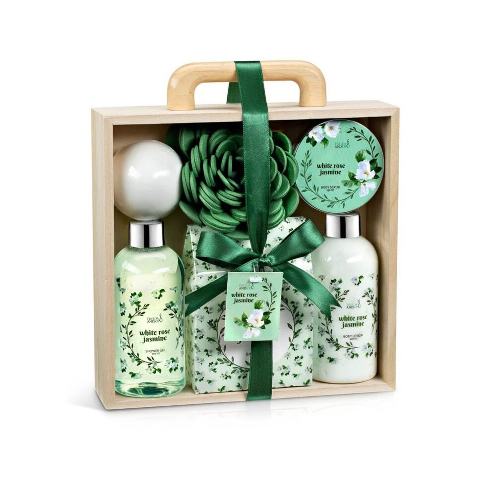 White Rose Jasmine Bath & Body Gift Set Wooden Spa Box Aromatherapy